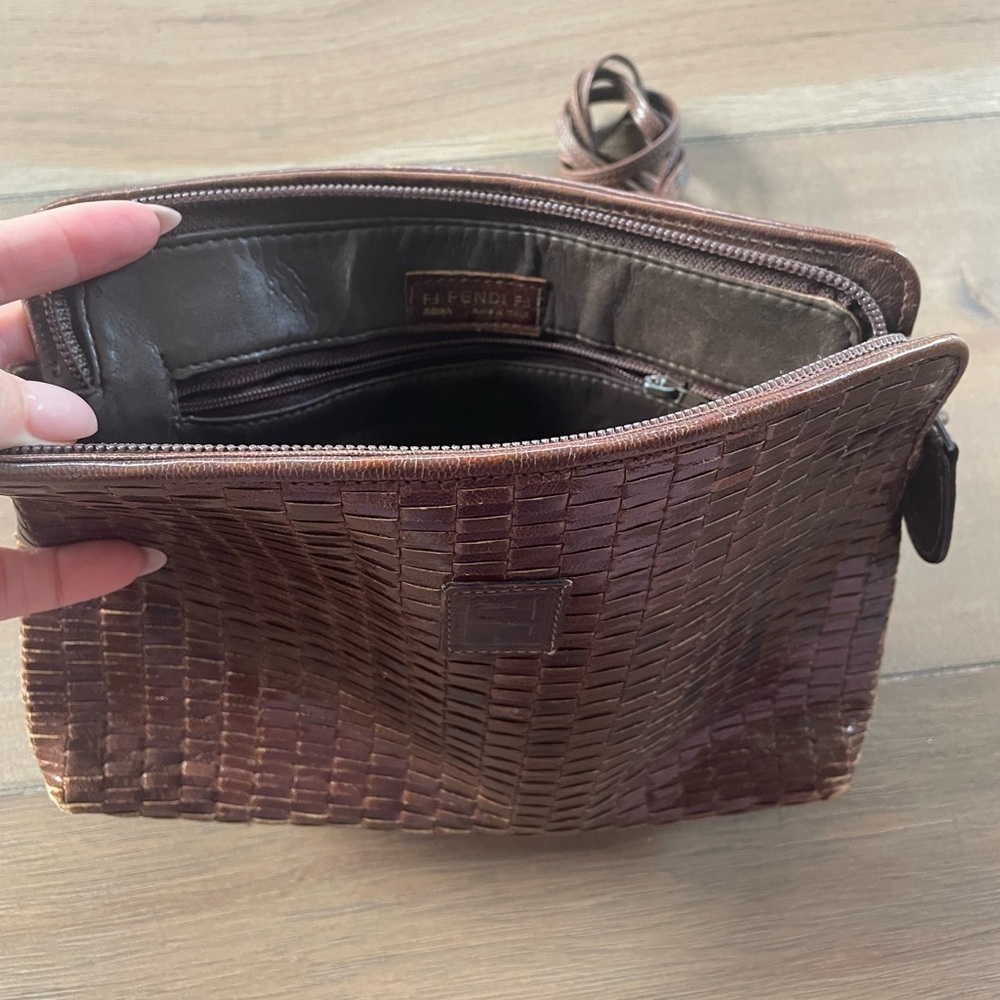 Vintage Fendi Brown Leather Woven Crossbody Bag - Picture 9 of 9